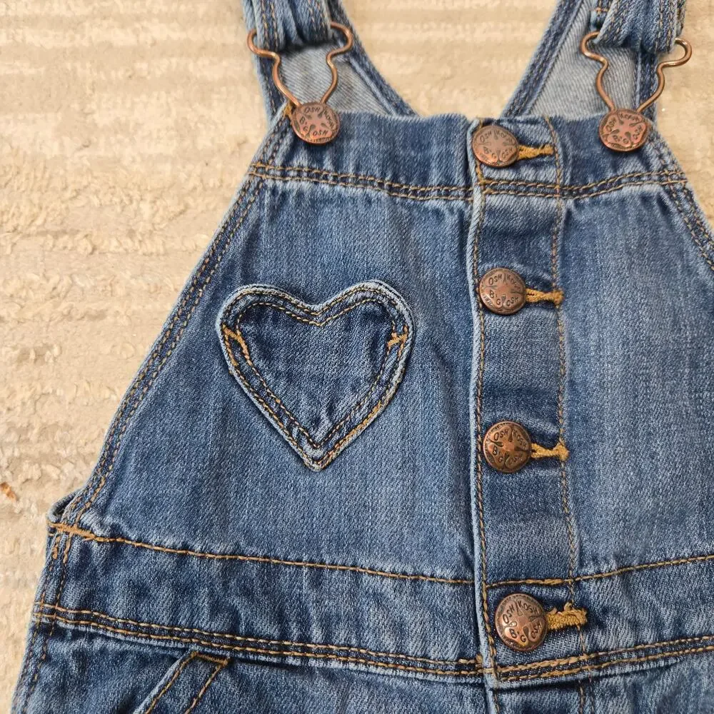 OshKosh B'gosh Denim Jean Overalls Button Front Heart‎ Pocket Vestbak Girls 3T